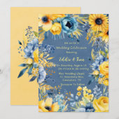 Blauw Geel Waterverf Pioen Bruiloft Kaart (Voorkant / Achterkant)