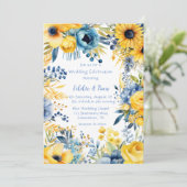Blauw Geel Waterverf Pioen Bruiloft Kaart (Staand voorkant)