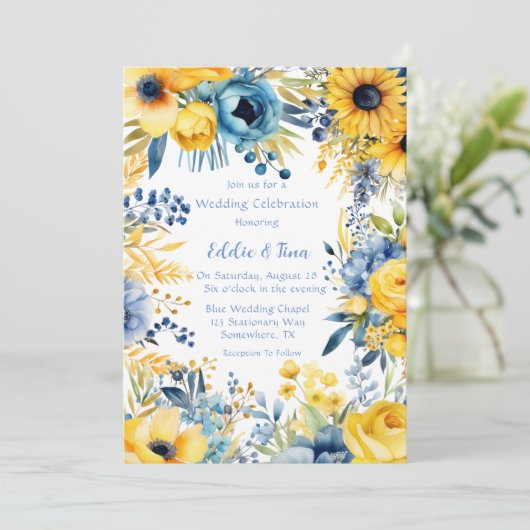 Blauw Geel Waterverf Pioen Bruiloft Kaart (Staand voorkant)