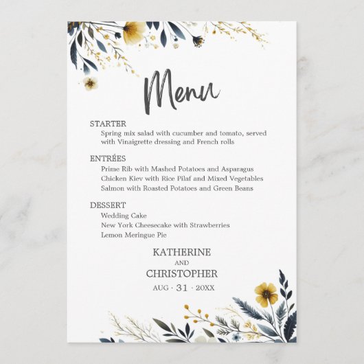 Blauw Geel Waterverf Wildbloemen Bruiloft Menu (Voorkant)
