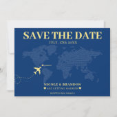 Blauw & Geel Wereldkaart Bestemming Bruiloft Save The Date (Voorkant)