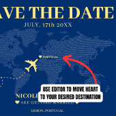 Blauw & Geel Wereldkaart Bestemming Bruiloft Save The Date