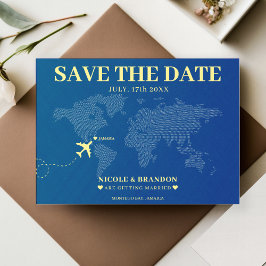Blauw & Geel Wereldkaart Bestemming Trouwfeest Save The Date