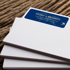 Blauw & Geel Wereldkaart Vliegtuig Bestemming Brui Etiket