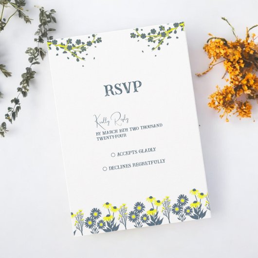 Blauw Geel Wildbloem Bloemen Boho Bruiloft RSVP Kaartje