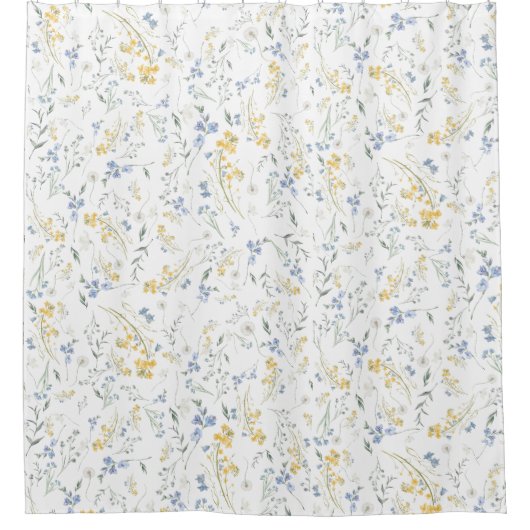 Blauw Geel Wildbloem Motief Douchegordijn (Voorkant)