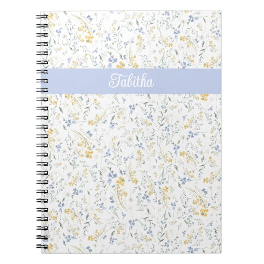 Blauw Geel Wildbloem Patroon Aangepaste Naam Notitieboek (Voorkant)