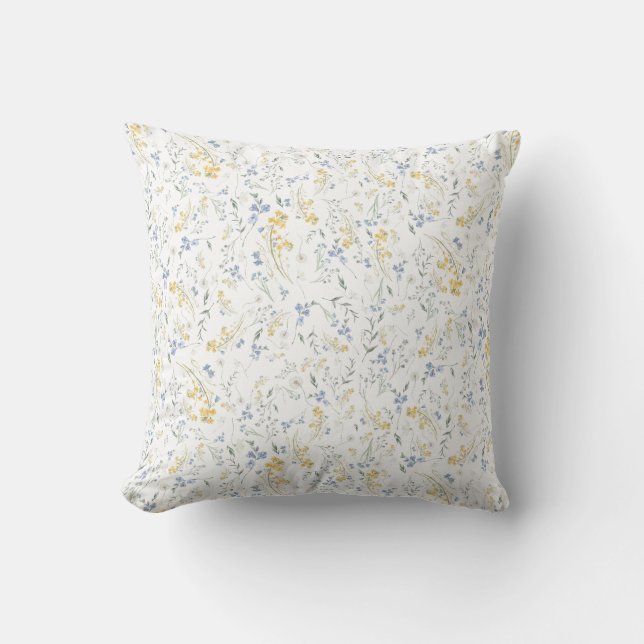 Blauw Geel Wildbloem Patroon Kussen (Voorkant)