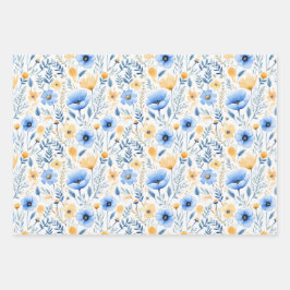 Blauw Geel Wildbloemen Boho Baby Vrijgezellenfeest Inpakpapier Vel