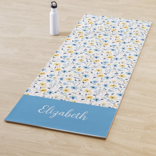 Blauw Geel Wilde Bloem Waterverf Aangepaste Naam Yogamat (In situ)
