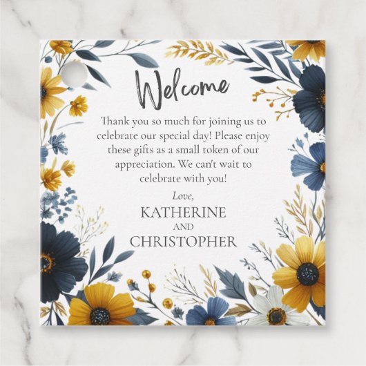 Blauw Geel Wildflower Bruiloft Welkomstgeschenk Ma Bedankjes Labels (Voorkant)