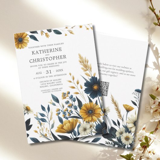 Blauw Geel Wildflower Elegant QR Code Bruiloft Kaart