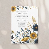 Blauw Geel Wildflower Elegant QR Code Bruiloft Kaart