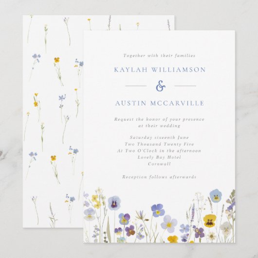 Blauw & Geel Wildflowers Huwelijksuitnodiging Kaart (Voorkant / Achterkant)