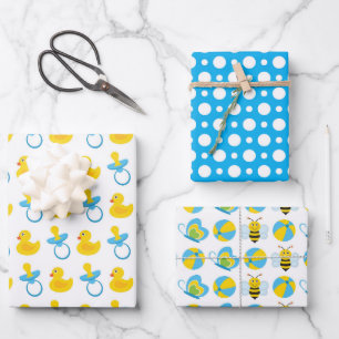 BLAUW GEEL WIT BABY ARTIKELEN INPAKPAPIER VEL