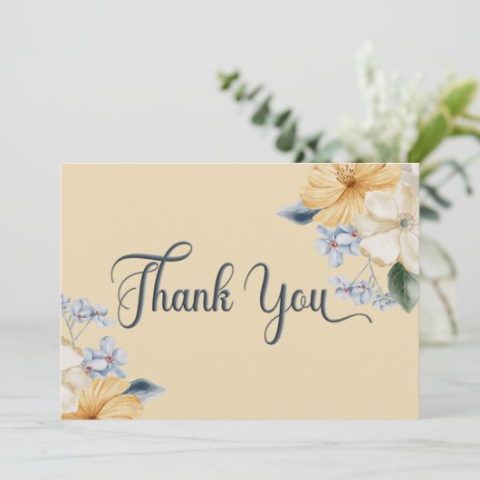 Blauw Geel & Wit Bloemen Bruiloft Bedankkaart (Staand voorkant)