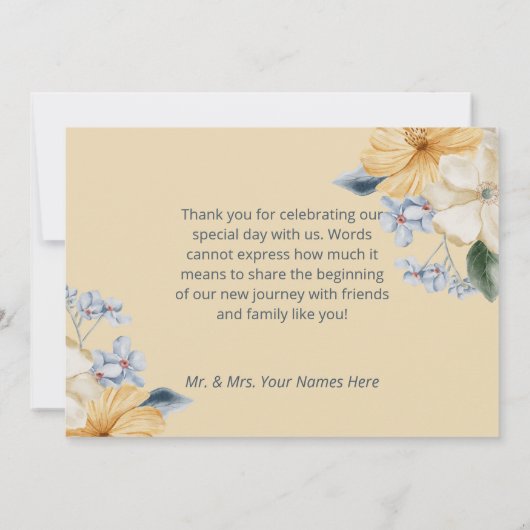 Blauw Geel & Wit Bloemen Bruiloft Bedankkaart (Achterkant)