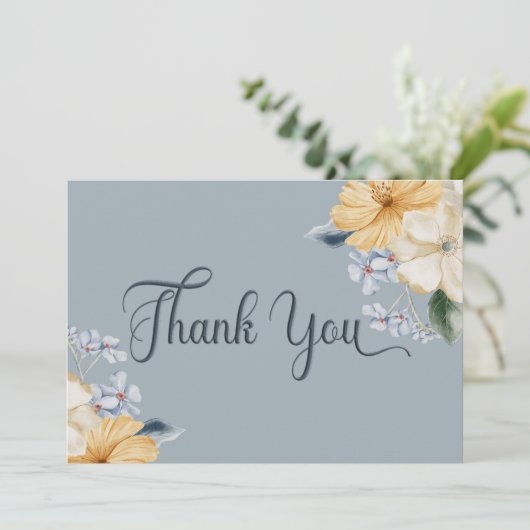 Blauw Geel & Wit Bloemen Bruiloft Bedankkaart (Staand voorkant)