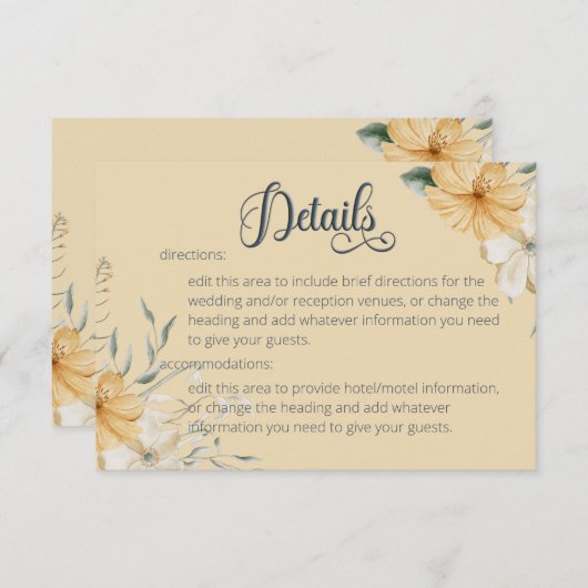 Blauw Geel & Wit Bloemen Bruiloft Details Informatiekaartje (Voorkant / Achterkant)