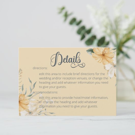 Blauw Geel & Wit Bloemen Bruiloft Details Informatiekaartje (Staand voorkant)