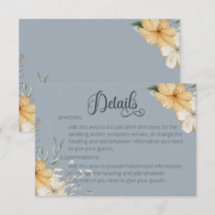 Blauw Geel & Wit Bloemen Bruiloft Details Informatiekaartje
