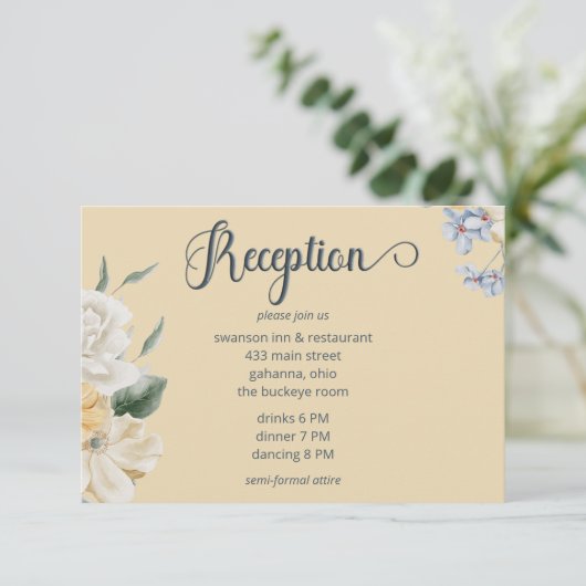 Blauw Geel & Wit Bloemen Bruiloft Receptie Informatiekaartje (Staand voorkant)