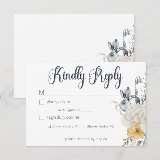 Blauw Geel & Wit Bloemen Bruiloft RSVP Kaartje (Voorkant / Achterkant)