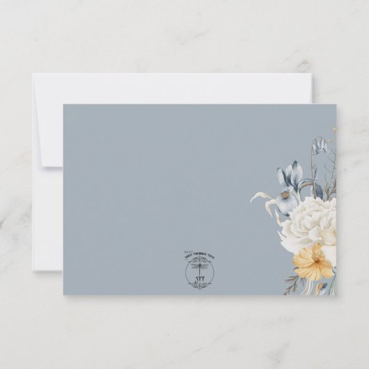 Blauw Geel & Wit Bloemen Bruiloft RSVP Kaartje (Achterkant)