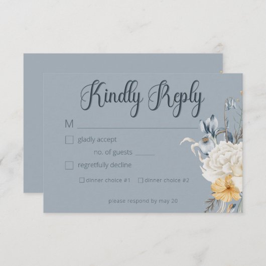 Blauw Geel & Wit Bloemen Bruiloft RSVP Kaartje (Voorkant / Achterkant)