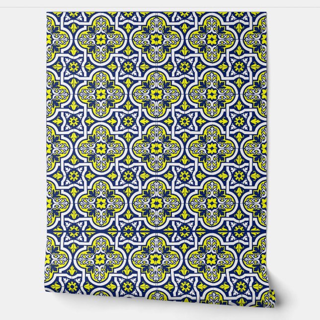 Blauw Geel Wit Bloemen  Tegel Ornamenten Behang (Afrollen)