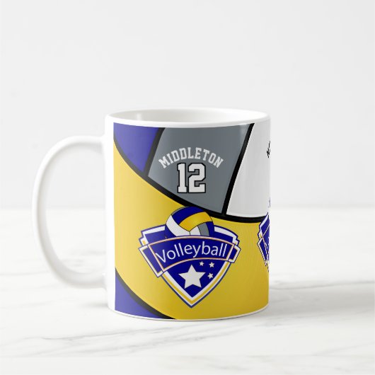 Blauw, geel, wit en grijs volleybal koffiemok (Links)