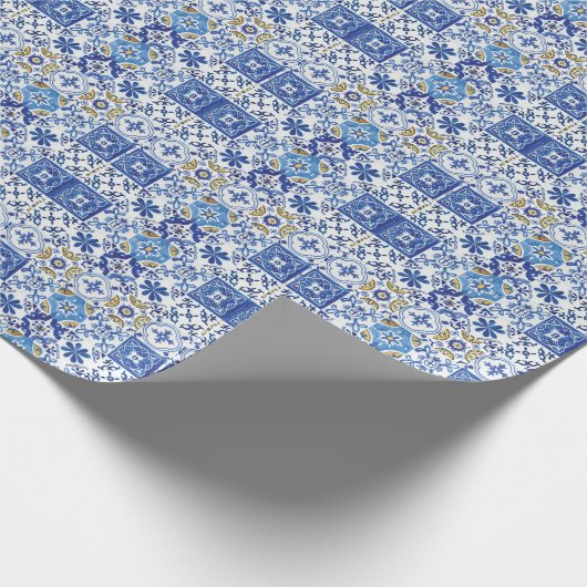 Blauw Geel Wit Mediterraans Mozaïek Tegels Cadeaupapier (Hoek)