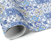 Blauw Geel Wit Mediterraans Mozaïek Tegels Cadeaupapier (Rol Hoek)