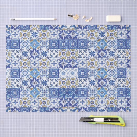 Blauw Geel Wit Mediterraans Mozaïek Tegels Tissuepapier (Craft)