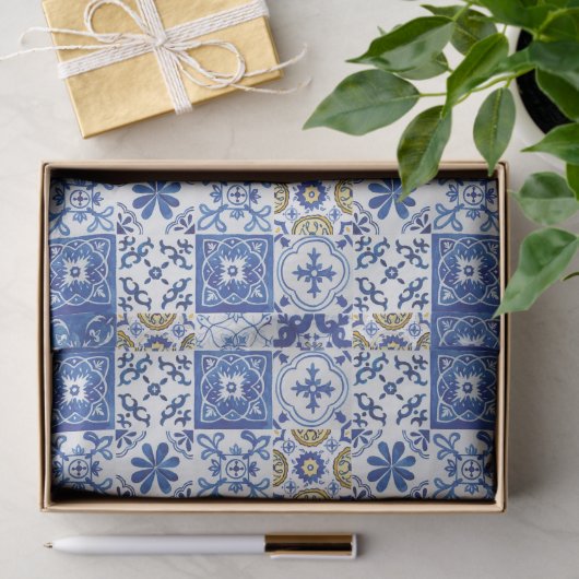 Blauw Geel Wit Mediterraans Mozaïek Tegels Tissuepapier (Geschenk)