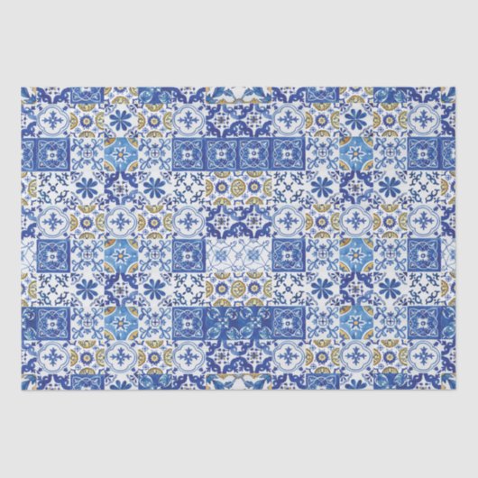 Blauw Geel Wit Mediterraans Mozaïek Tegels Tissuepapier (Voorkant)