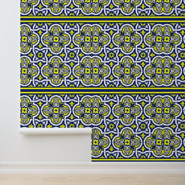 Blauw Geel Wit Retro Ornamenten  Behang (Applicatie)