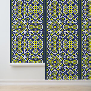 Blauw Geel Wit Retro Ornamenten Ontwerp Behang