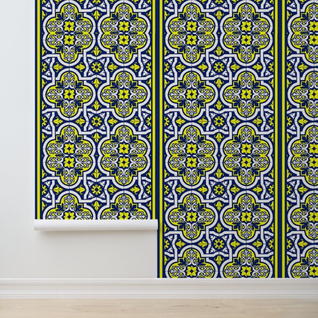 Blauw Geel Wit Retro Ornamenten  Ontwerp Behang (Applicatie)