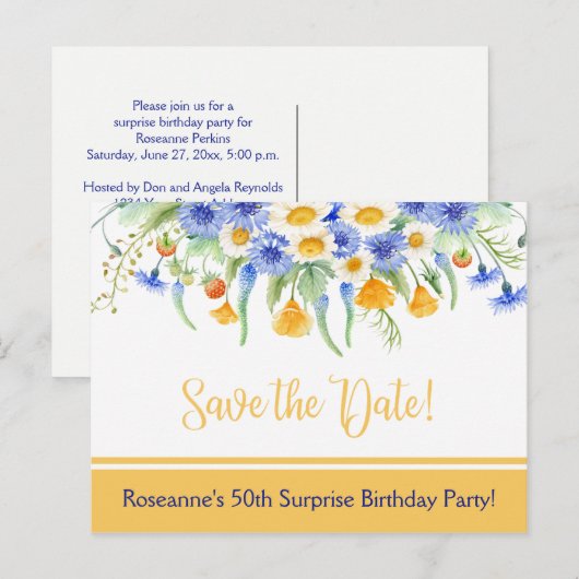 Blauw Geel Wit Wildflowers Save the Date Aankondigingskaart (Voorkant / Achterkant)