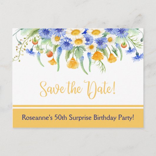 Blauw Geel Wit Wildflowers Save the Date Aankondigingskaart (Voorkant)