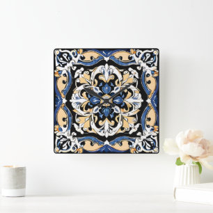 Blauw Geel Wit Zwart Azuleju Spaans Marokkaans Vierkante Klok