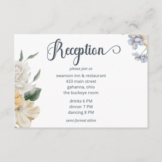 Blauw Geel & Witte Bloemige Trouwreceptie Informatiekaartje (Voorkant)