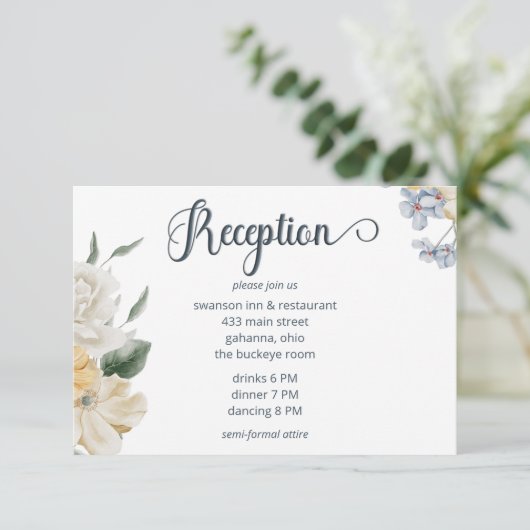 Blauw Geel & Witte Bloemige Trouwreceptie Informatiekaartje (Staand voorkant)