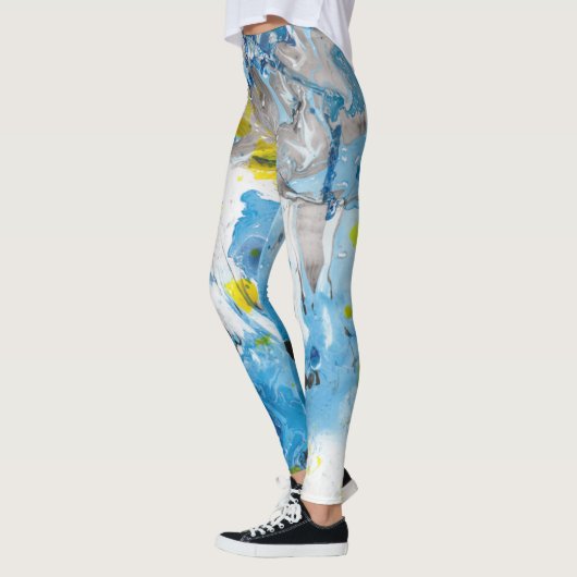 Blauw Geel Witte Moderne Abstracte Kunst Leggings (Links)