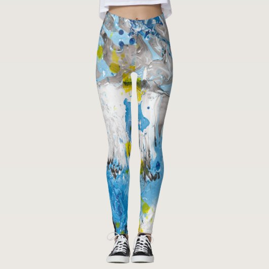 Blauw Geel Witte Moderne Abstracte Kunst Leggings (Voorkant)
