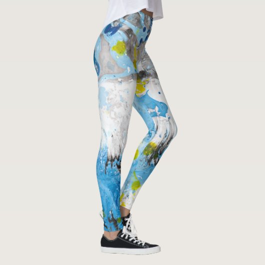 Blauw Geel Witte Moderne Abstracte Kunst Leggings (Rechts)