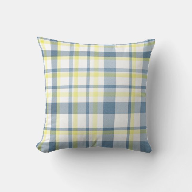Blauw Geel Witte Waterverf Plaid Kussen (Voorkant)