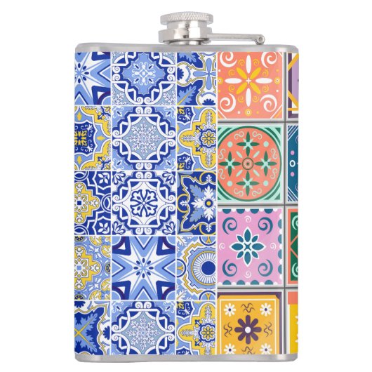 Blauw & Geel Zellij Mozaïek Patroon Heupfles (Achterkant)