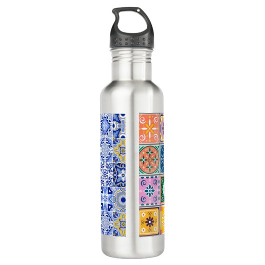 Blauw & Geel Zellij Mozaïek Patroon Waterfles (Achterkant)